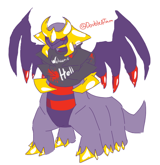 Giratina wearing a shirt that says "Welcome Hell". The wings go through the sleeves as though they were arms, and the shirt is being worn over the neck spikes.