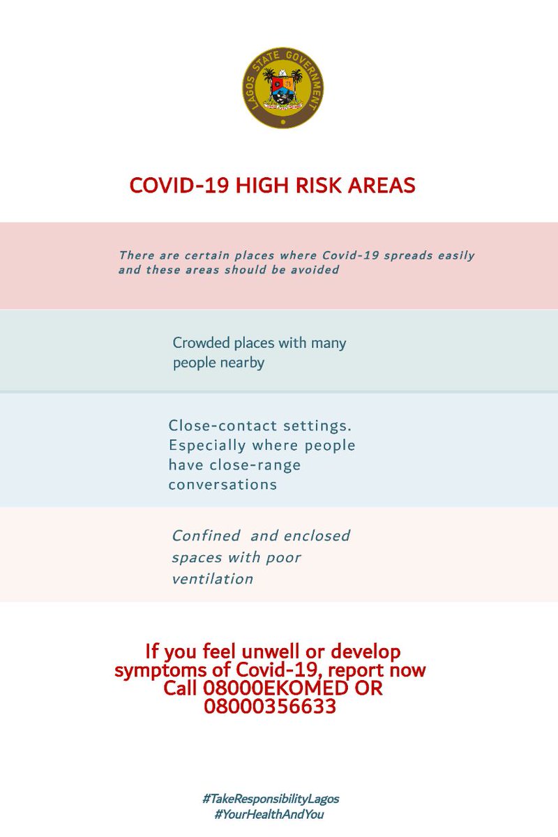 followlasg's tweet photo. Avoid all Covid-19 high risk areas to slow the spread of Covid-19 and also to stay safe
@LSMOH @ProfAkinAbayomi 
@jidesanwoolu @drobafemihamzat @gbenga_omo @gboyegaakosile @HMOKUNOLA1 @JokeSanwoolu @Mr_JAGs 
#TakeResponsibilityLagos #LASG
#YourHealthAndYou #ForAGreaterLagos https://t.co/cSYnyHZQqP
