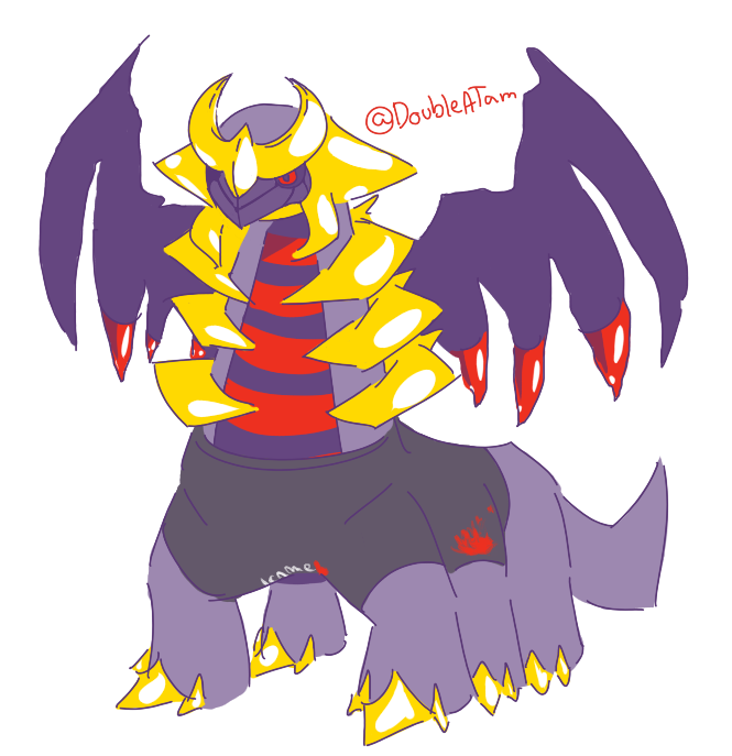 Shirt worn on the bottom again, except there's two extra sleeves, such that all but the back two legs are wearing the shirt. The shirt's message is now hardly visible, as it's on Giratina's belly.