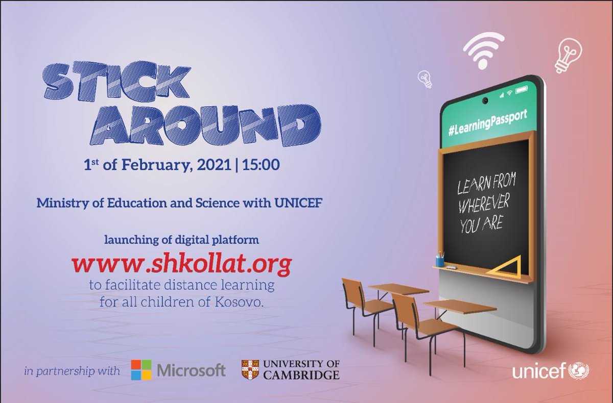 himuratsahin's tweet photo. #STICKAROUND on #InternationalDayofEducation  @UNICEFKosovo &amp; Ministry of Education @ramelikaj  teams working to bring one unique online platform #4every #child and #young person in #Kosovo #covid19 #reimagine #education #innovation time #togetherwecan 1st Feb. 2021 https://t.co/ZL0H2eIQnC