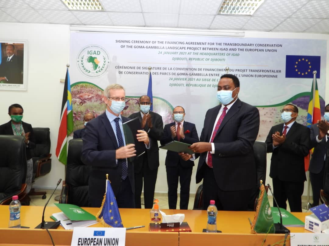 Signed a Grant Agreement worth Euros 4.4 M for a🇸🇸🇪🇹transboundary conservation project of the Boma-Gambella landscape/biodiversity w/ Amb O'hara of <a href="/UEaDjibouti/">UE à Djibouti</a>

Guaranteed that #IGAD'll deliver for a positive impact on the biodiversity management &amp; the livelihoods of communities