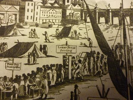 In 1814 winter the frozen Thames was home to over 8 printing presses to sell commemorative images & text. "Friends, now is your time to support the freedom of the press. Can the press have greater liberty? Here you can find it working in the middle of the Thames!"