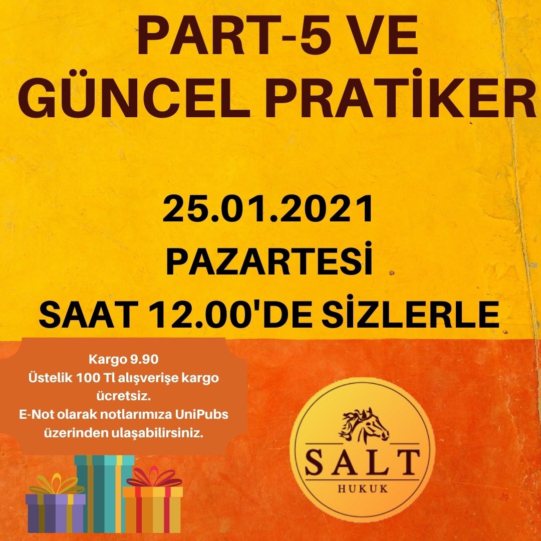 Part-5 ve Güncel Pratikler  25 Ocak Pazartesi günü saat 12.00 da Salt/Beyazıt mağazamızda ve salthukuk.net adresimizde basılı olarak çıkıyor☺️ 
Hemen pdf olarak okumaya başlamak için ise telefonunuza Unipubs Uygulamasını indirmeniz yeterli. Birçok Part-5 yüklendi bile😀