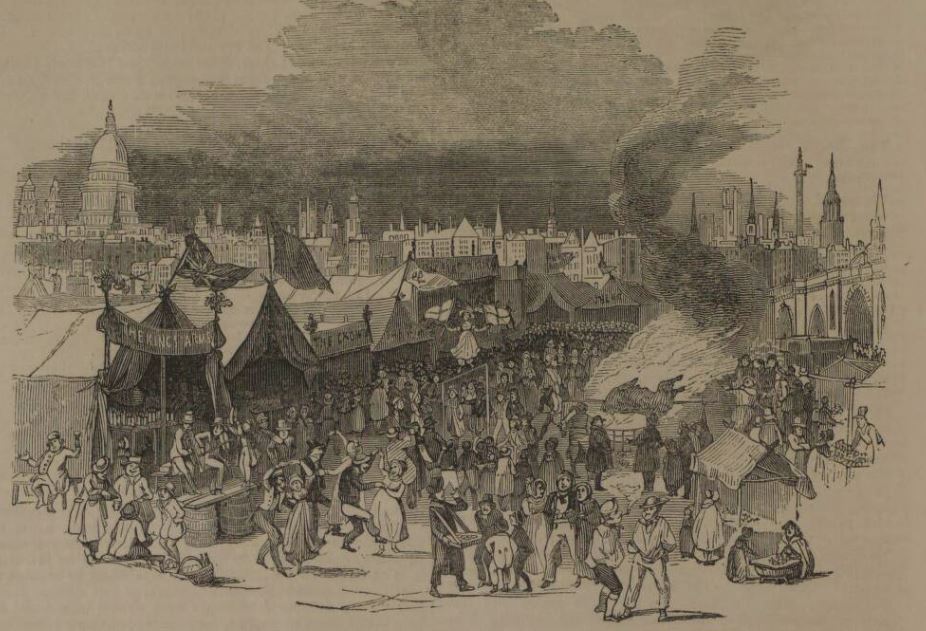 By February 3d, the printing presses had been joined by swings, bookshops, dancing areas, skittles & more. The piles of ice created a scene said to look like a marble quarry, especially under reflected moonlight