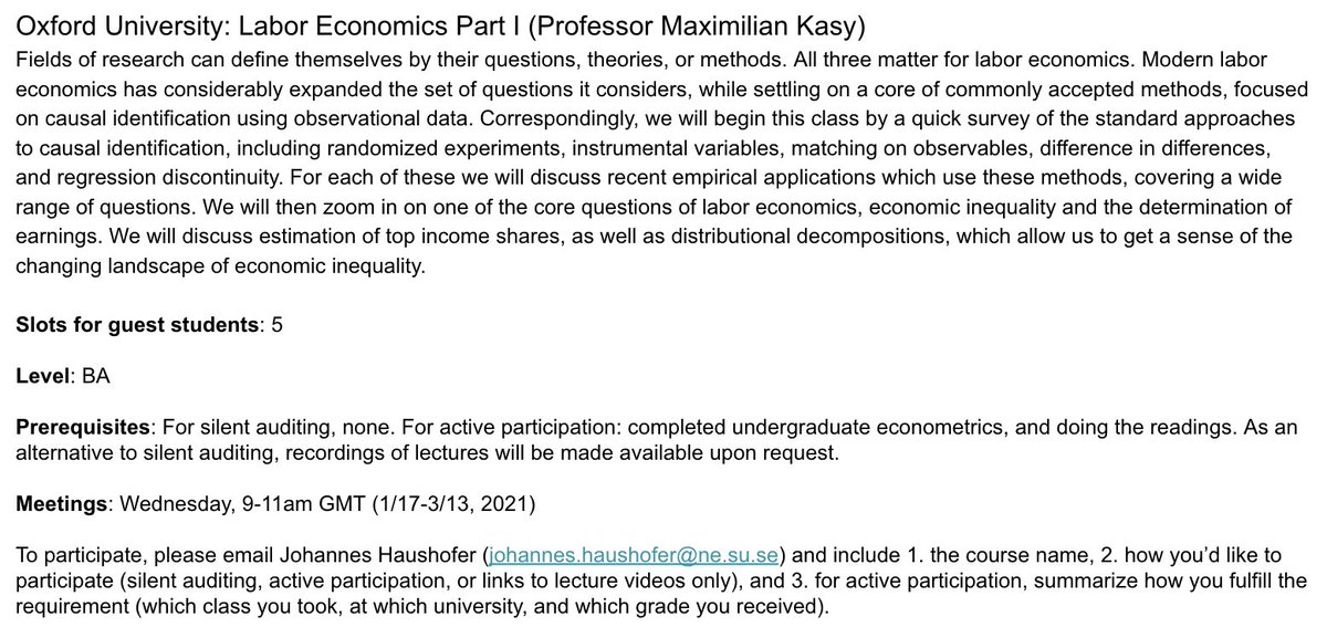 Here's another course open to guest students from low- and middle-income countries: Oxford University, Labor Economics (BA level), with Prof.  @maxkasy! It has already started so apply immediately if you want to join. Please read the instructions below carefully before emailing!