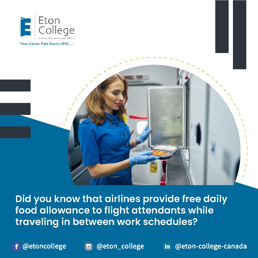 etoncollegeca's tweet photo. Did you know that airlines provide free daily food allowance to flight attendants while traveling in between work schedules? Larger airlines offer bigger perks, such as discounts on groceries.

#Trivia #Flight #Airlines #Airports #Attendant #Skills #Career #Goals #EtonCollege https://t.co/0c4Peeehnj