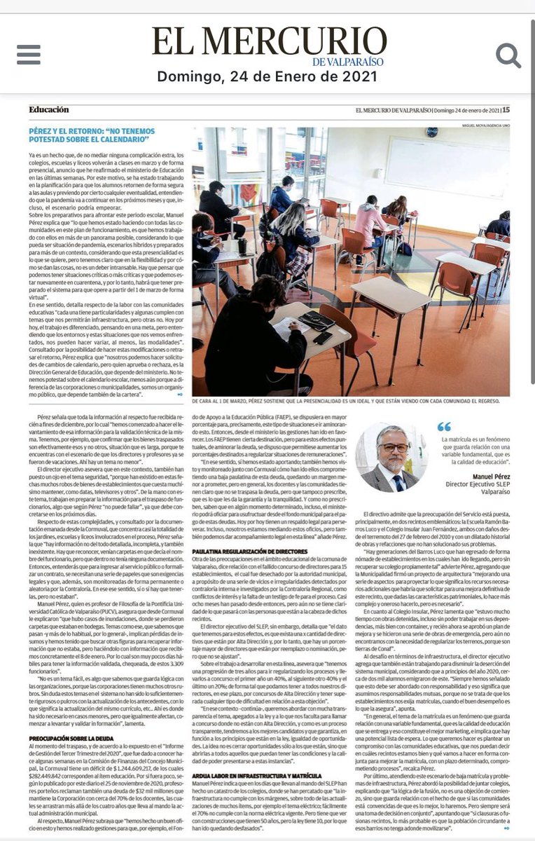 Edu_Valparaiso's tweet photo. 📢 HOY en Reportajes del @mercuriovalpo nuestro Director Ejecutivo Manuel Pérez P.
Nos habla sobre el proceso de traspaso de 66 Establecimientos a la  #NuevaEducaciónPública en #Valparaíso y #JuanFernández y las iniciativas en materia de #Educación para el año 2021📚 https://t.co/La5reOUlho
