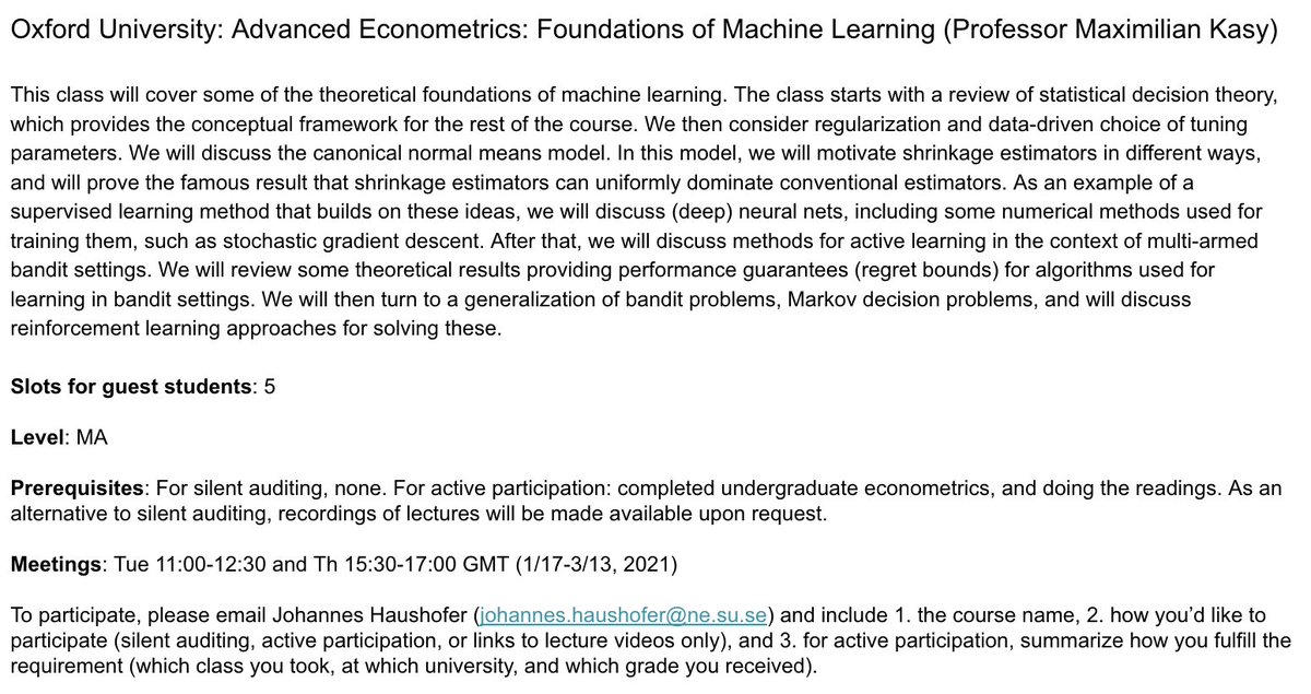 Here's another course open to guest students from low- and middle-income countries: Oxford University, Machine Learning (MA level), with Prof.  @maxkasy! It has already started so apply immediately if you want to join. Please read the instructions below carefully before emailing!
