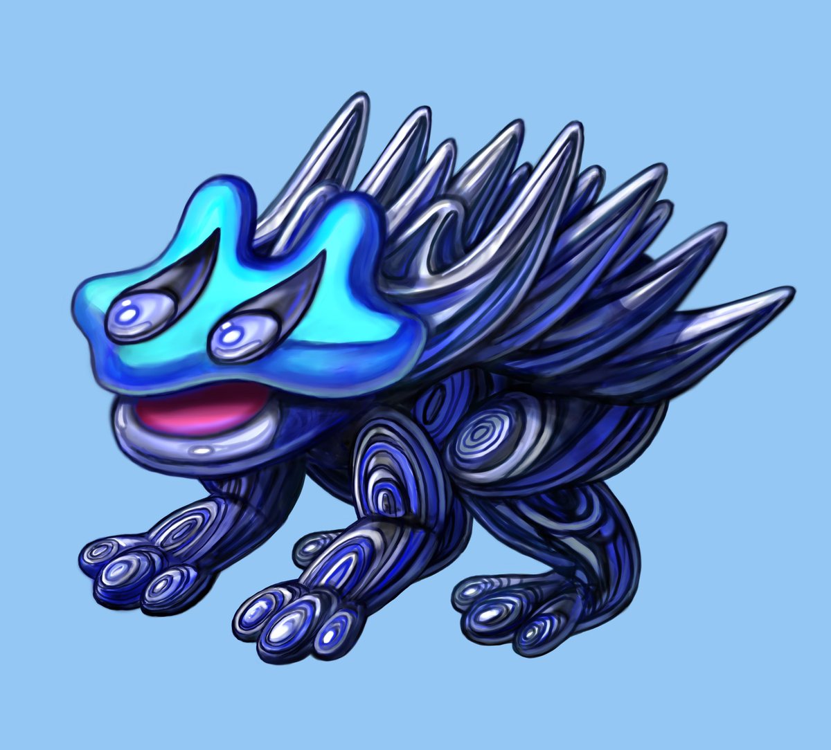 テツロウ ブルーヘッドン かわいい 感じにするつもりで描いてたけど 途中から何だか違うと思い始め コピぺを繰り返しトゲが生えたカエルみたいなモンスターが誕生 ブルー 青 カエル モンスター オリジナルキャラクター イラスト