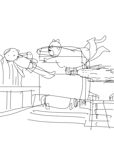 猫耳蛇口乳首のおっさんが電車に跳ねられそうな人を救う絵のラフが完成したので誰か清書と色塗りよろしくお願いします! 