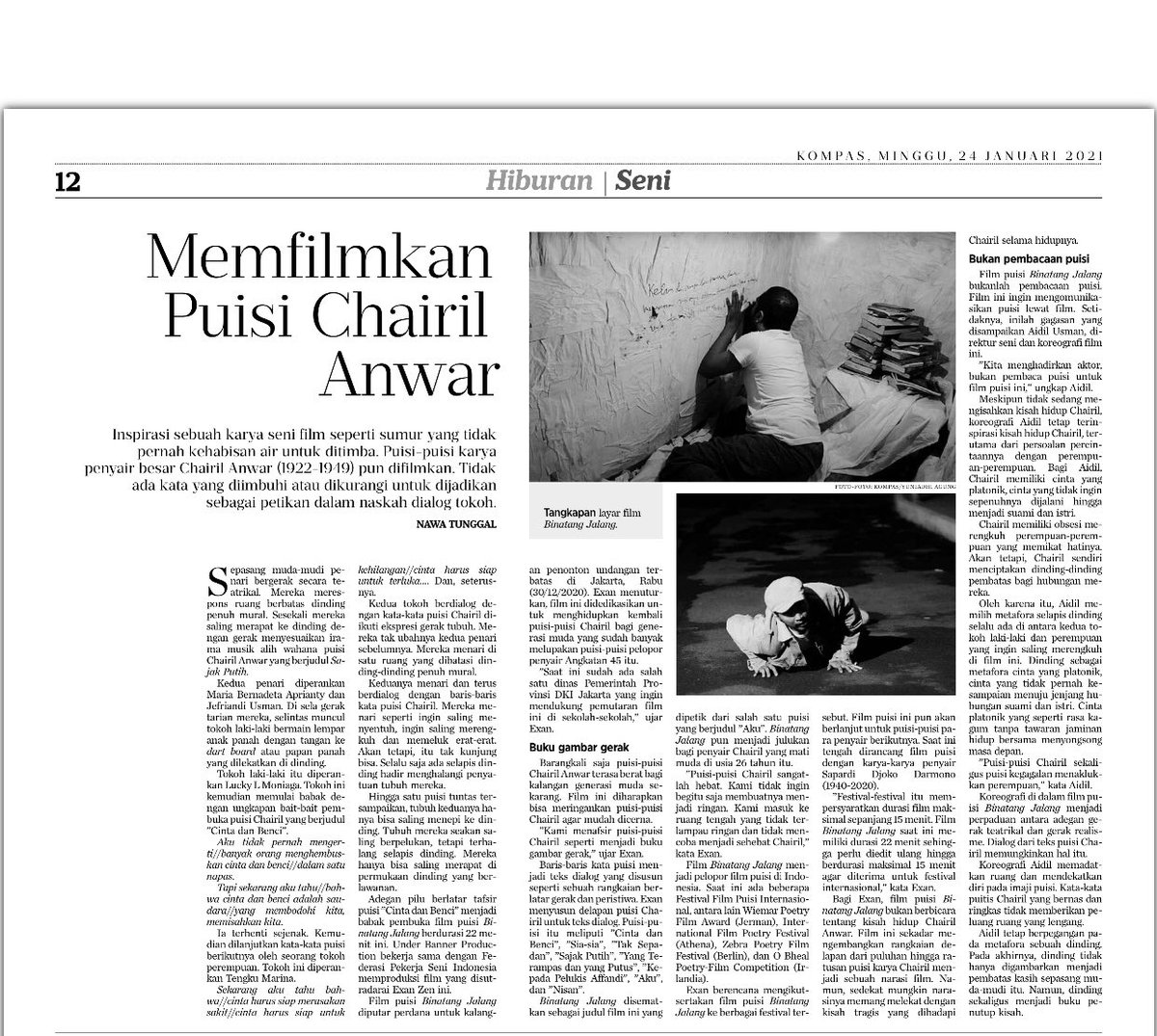 damhurimuhammad's tweet photo. Lagi baca @hariankompas ada ulasan tentang film puisi Chairil Anwar. Koreografinya digarap sahabat saya @aidilusman14 cc @tabusai_dt @ekoyudsprast @Radhar_P_Dahana https://t.co/n0LvfpLw28