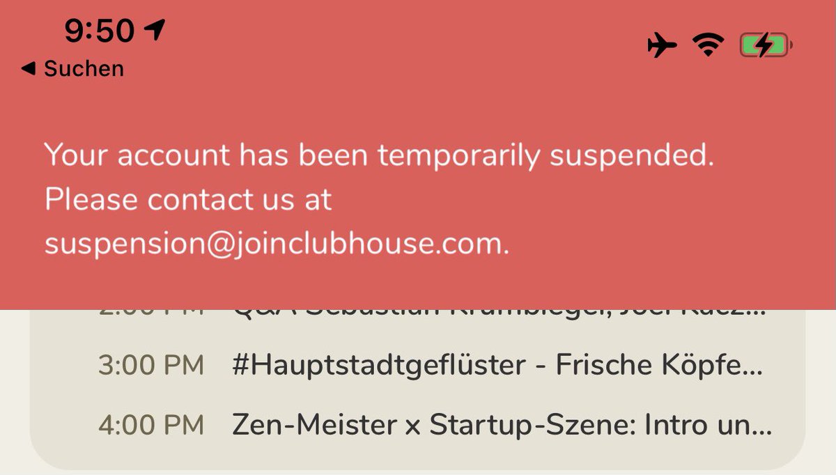 Habe immer noch nix von @joinClubhouse gehört, warum mein Account nach der Diskussion gestern Nacht u.a. mit <a href="/bodoramelow/">Bodo Ramelow</a> und dem Pommern-Lied von Philipp Amthor gesperrt wurde. Auch weiterhin: „Temporarily suspended“.