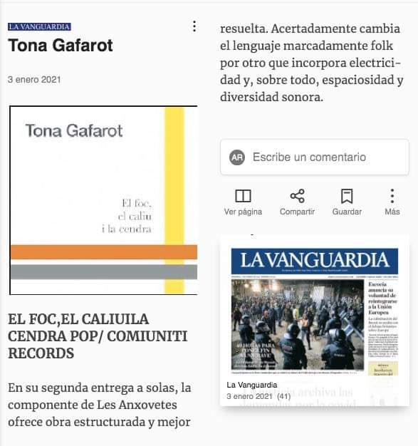 tonagafarot's tweet photo. Ressenya del disc a @LaVanguardia! 🥰
#elfocelcaliuilacendra #noudisc #musicaencatala #poprural #popencatala #lavanguardia @AliciaMusica https://t.co/0ZkOXPhvEd