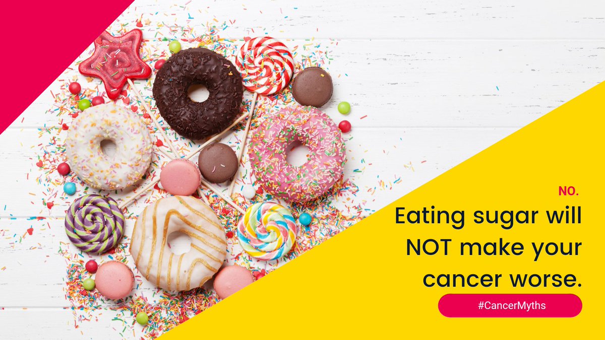 #CancerMyths Although research shows that #cancer cells consume more sugar vs normal cells, no studies have shown that eating sugar will make your cancer worse (or that if you avoid sugar, your cancer will go away). Remember, sugar is needed by our normal cells for energy. #MedEd