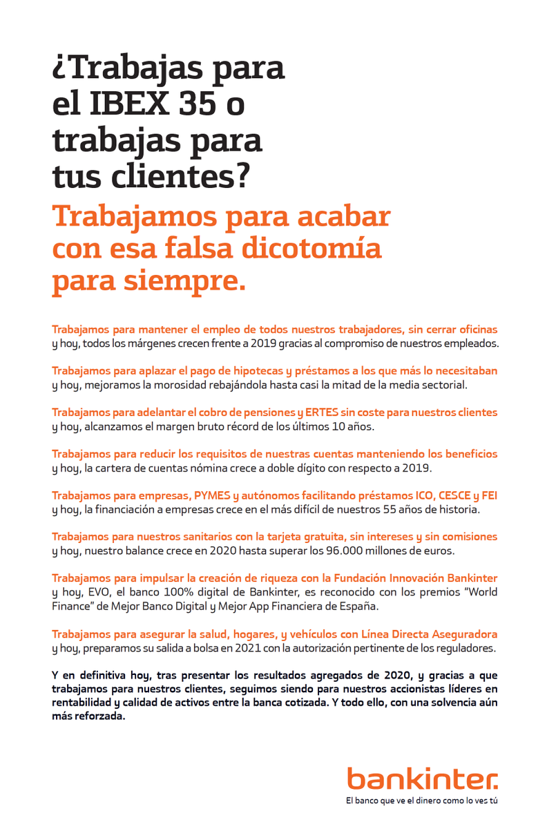 Bankinter's tweet photo. PÁGINA COMPLETA EN PRENSA | En Bankinter, todos trabajamos para nuestros clientes y hoy, gracias a ello, recogemos todos estos logros tras un año tan difícil. #SomosBankinter #Gracias #Seguimos https://t.co/CwdGOiF4Vq