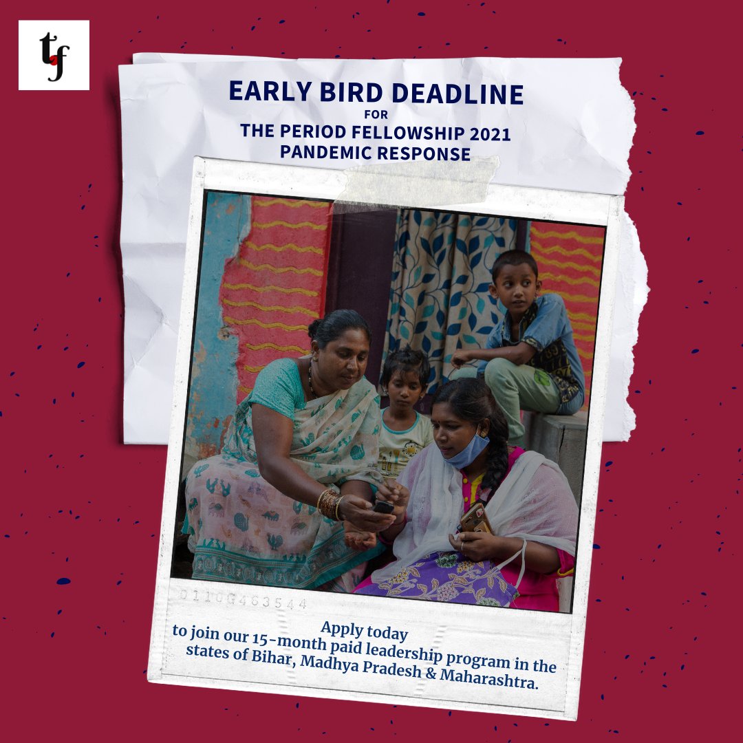 Today is the Early Bird Deadline to apply for The Period Fellowship 2021 Pandemic response. Apply now via buff.ly/3idyjl9

To know more, click here buff.ly/2XIQohu

#theperiodfellowship #tpf2021 #tpf #pandemicresponse #menstruationmatters #hellosaheli #Sukhibhava