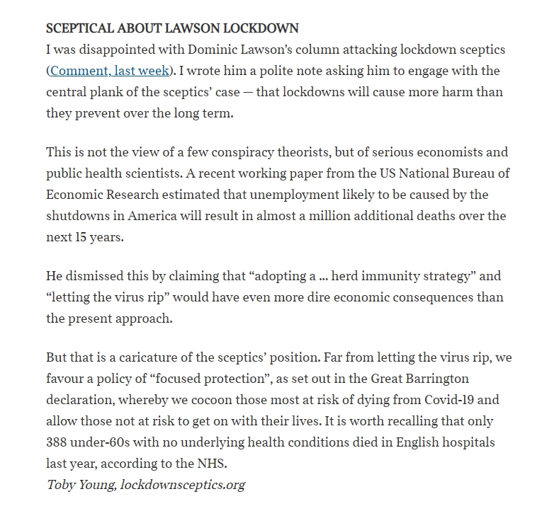 Toby misrepresents this paper. It doesn't look at the effects of lockdowns, it looks at the *pandemic*.The paper says (a) the economic effects are NOT only due to lockdown and (b) that the answer is to provide more relief money, not to avoid lockdowns. https://www.nber.org/system/files/working_papers/w28304/w28304.pdf