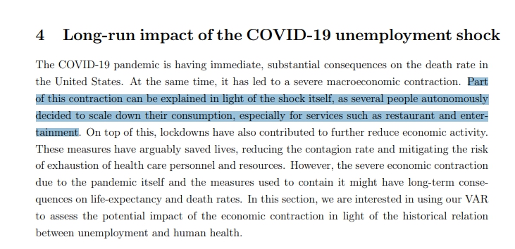 Toby misrepresents this paper. It doesn't look at the effects of lockdowns, it looks at the *pandemic*.The paper says (a) the economic effects are NOT only due to lockdown and (b) that the answer is to provide more relief money, not to avoid lockdowns. https://www.nber.org/system/files/working_papers/w28304/w28304.pdf