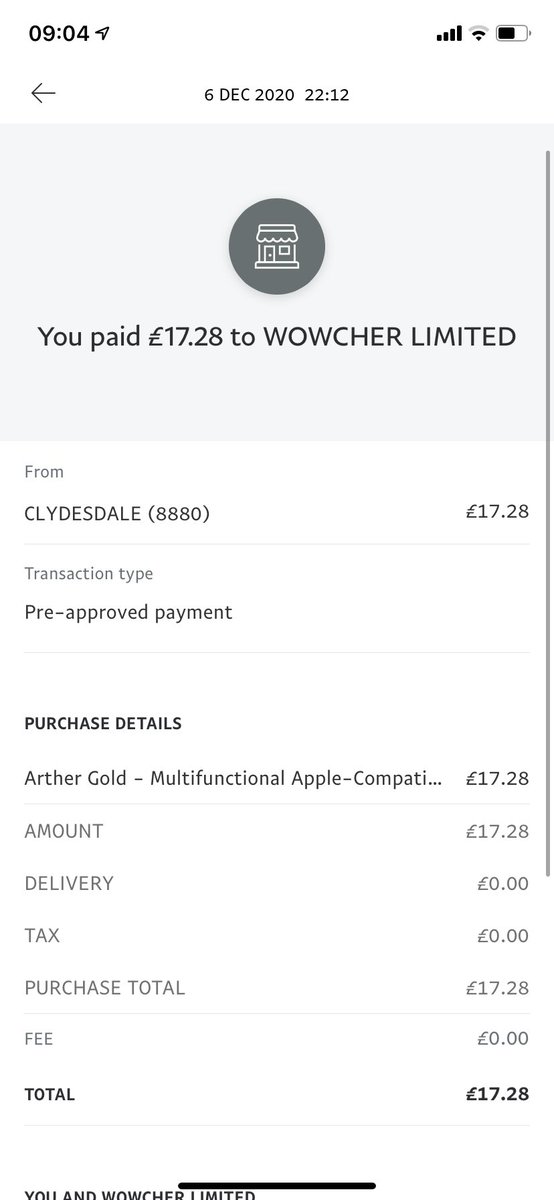 Finunu's tweet photo. @wowcher I have still had no response to 2 emails and 1 message on Twitter regarding the failure to deliver or acknowledge my order. Money was taken but no email or delivery. It was for an Apple Watch and phone charger on 6th December . Details of PayPal below https://t.co/NWiWe6cyVZ