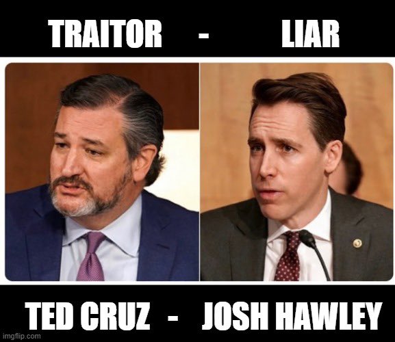 These fucks <a href="/tedcruz/">Ted Cruz</a> <a href="/HawleyMO/">Josh Hawley</a> 
And since Georgia did the epic, can y’all please get rid of that dumb mouthpiece-for-white supremacy <a href="/mtgreenee/">Marjorie Taylor Greene 🇺🇸</a> next go around? Absolute political dumbsticks and avaricious cunts hopping on the dead end done *bye bye bye byyyye* Trump Trash Train.