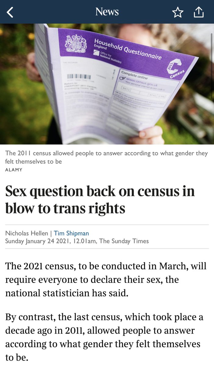 The latest Sunday Times trans lie is quite a whopper. The question on sex has never left the census and has been unaltered since the reign of George III. This year new questions are being added on sexuality and gender identity so it’s not a “blow to trans rights” (1/3)