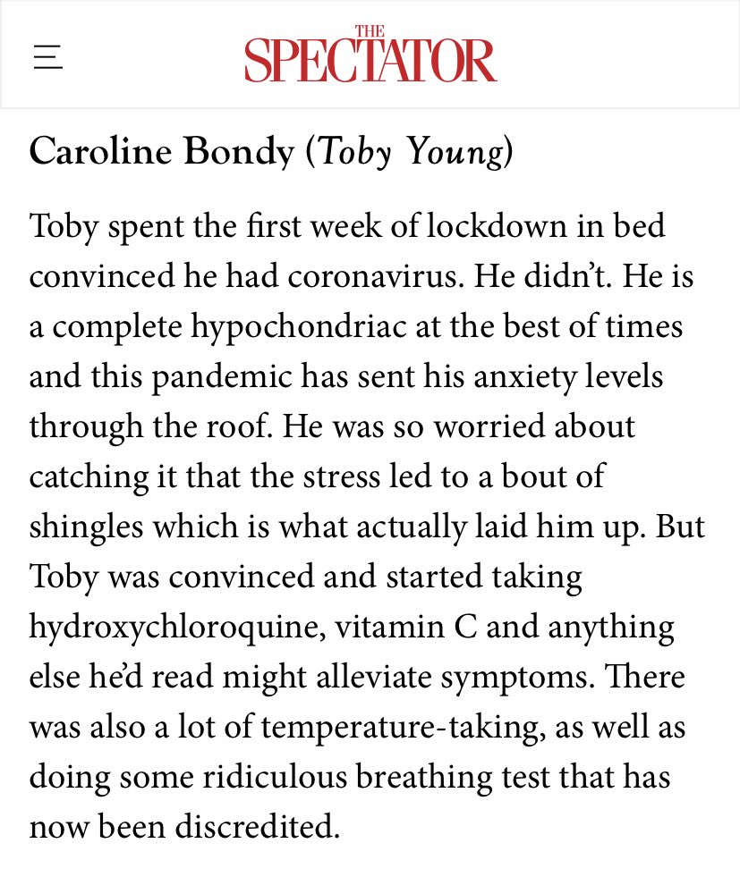 BTW, this is Toby's wife's account of how he acted when he thought he might get Covid. He's 57. He seems to think everyone else would be happy to get the virus that he was utterly petrified of. If not, Lawson's original claim is true, and he is wrong.
