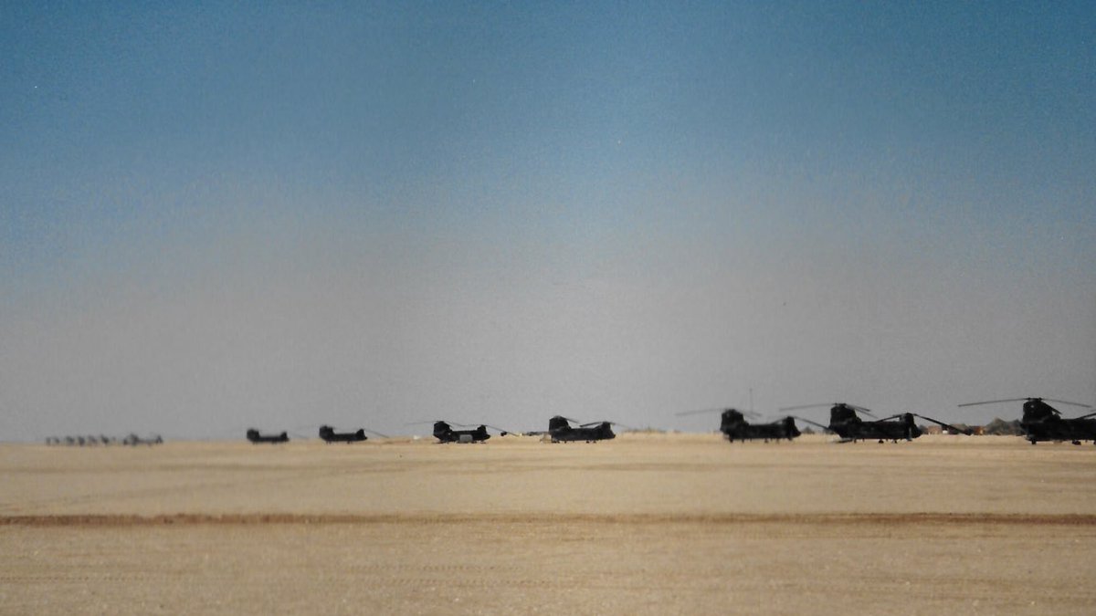 The_Crabman66's tweet photo. @PhilipClare1 @JohnNicholRAF @RAFBenson Ah yes, Coalition Chinooks and tents as far as the eye can see!! But we did have the luxury of ‘solar heated’ showers and communal ‘long drop onto diesel’ latrines!! @JohnNicholRAF You don’t get those in the Sheraton!! #DesertStorm30 #opgranby30 @RAF_Odiham #rafsh https://t.co/N6r7Ee25EY