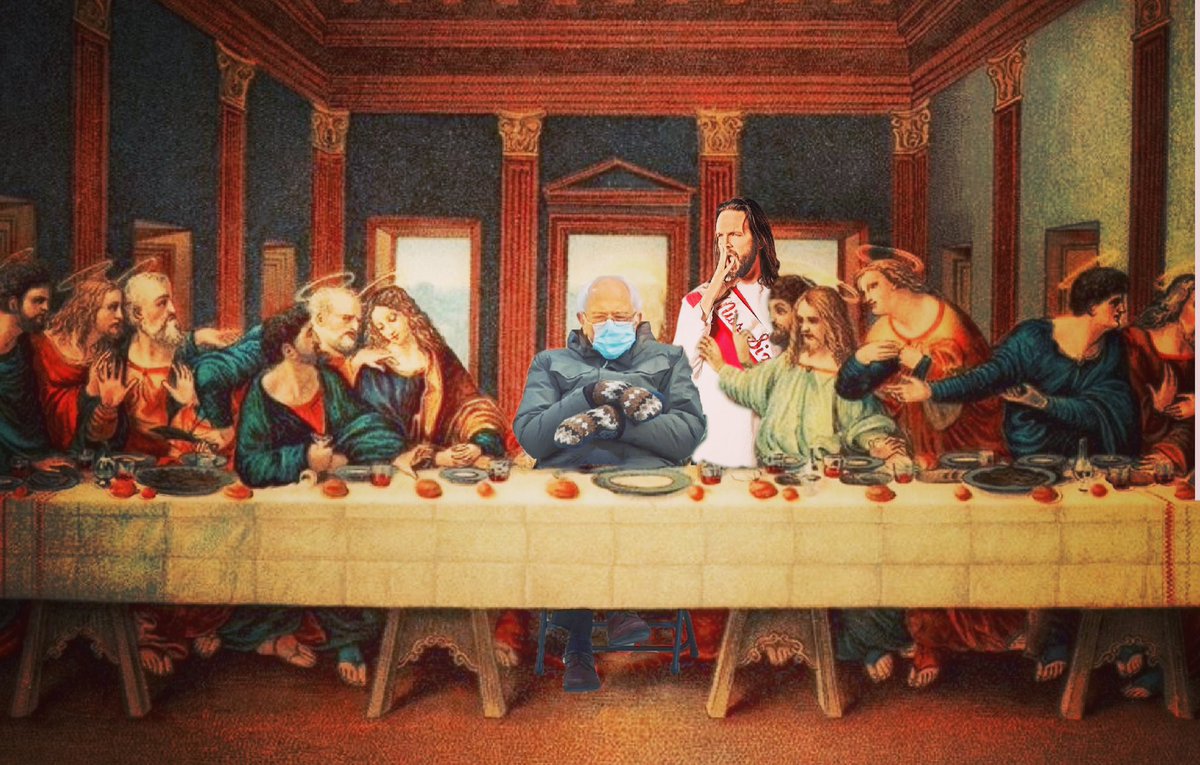 JesusLoreal's tweet photo. I mean, honestly, you invite him to supper, he sits in your seat and THEN tells you he’s vegan. That’s the last time he’s coming to supper. What a load of B.S! #thelastsupper #forBernie https://t.co/xZD9aNLqBG