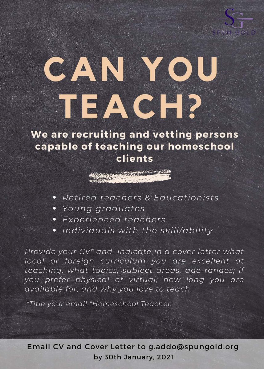 Recruitment, vetting, and placement of teaching individuals for our friends and colleagues who are partially/fully practicing homeschooling.

Follow directives on flier. Various curricula are welcome.
In-person and virtual teaching are both in demand.

Kindly share. 🙏🏾