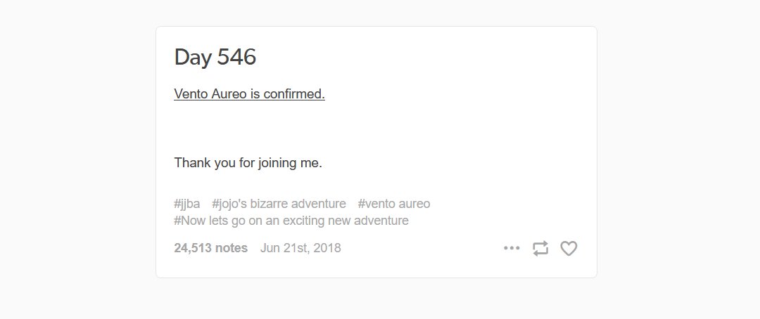 Pt6Confirmation's tweet photo. Day 546

Stone Ocean is not confirmed.

Part 5 took 546 days to be announced. Stone Ocean is now officially the longest wait in between parts. https://t.co/4ZObYN9G44