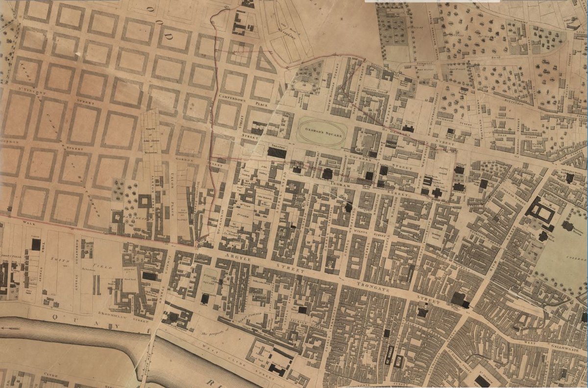 The line of George Street, in turn, defined the alignment of Glasgow's famous grid plan as the growing industrial city spread westward.Note the meandering course of Argyle St to the south, which reveals its age by the fact that it's still not quite true to the grid.