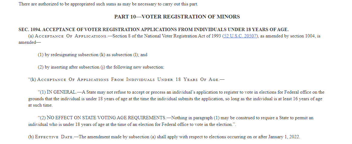 Opening the gateway for states to allow 16 year olds 2 vote. These are children who haven't experienced real life yet and are still in school forming their thoughts. They don't know what the effect certain votes will have as is now being seen with all this voter regret over Biden