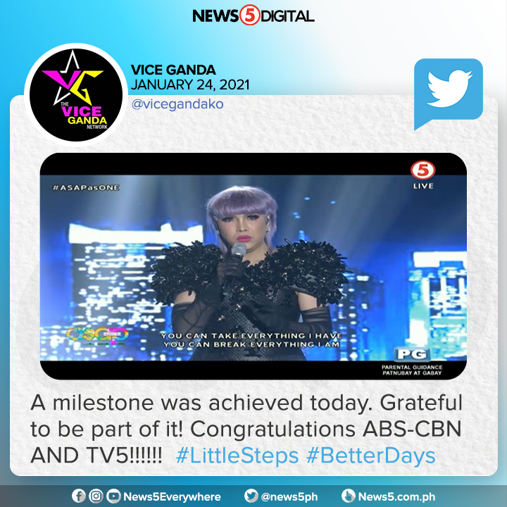 News5 (@News5PH) on Twitter photo 2021-01-24 09:52:40 Masaya ang komedyanteng si Vice Ganda matapos ang unang pag-ere ng ASAP Natin To sa Kapatid network. Isa si Vice sa mga Kapamilya stars na nag-perform sa ASAP stage ngayong Linggo. #ASAPonTV5 #ASAPasONE Masaya ang komedyanteng si Vice Ganda matapos ang unang pag-ere ng ASAP Natin To sa Kapatid network. Isa si Vice sa mga Kapamilya stars na nag-perform sa ASAP stage ngayong Linggo. #ASAPonTV5 #ASAPasONE
