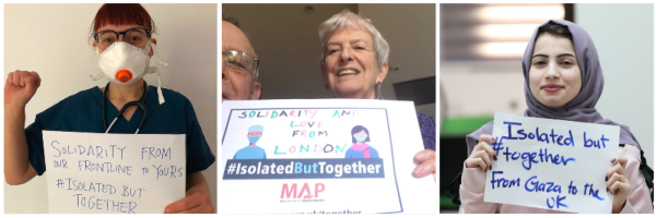 MedicalAidPal's tweet photo. Thanks to everyone who took part in our #IsolatedButTogether campaign, sharing selfies & messages of support to show solidarity with Palestinian medics battling COVID19. These are being shared with Palestinian health heroes on billboards in Palestine https://t.co/i26yj1T6St https://t.co/3SBZnQVOVB