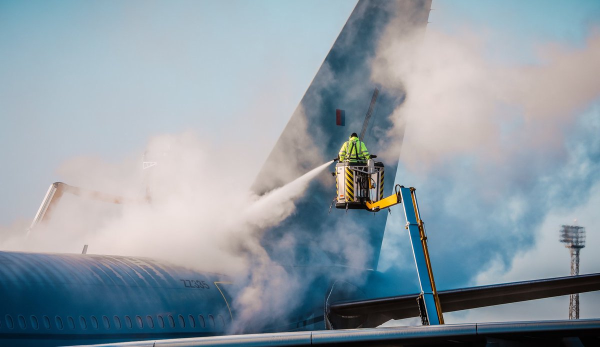 De-icing is the process of removing snow, ice or frost from a surface by heating/mechanical/fluid.Anti-icing is the application of chemicals that can not only de-ice but also remain on a surface and delay the reformation of ice for a certain period of time (Holdover time.)