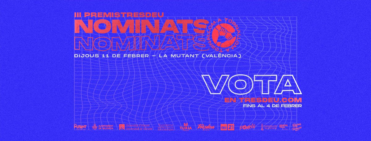 revistatresdeu's tweet photo. Donem la benvinguda a @CervezaTuria, @Pro21cultural i @UA_Universitat @LlenguesUA que un any més aposten pel format. I a @Riuresvalencia i @PomeloTelevisio que se sumen! Gràcies companys/es!

🔹 VOTA als #IIIPremisTresdeu, fins al 4 de febrer! https://t.co/I91BIhDzuC