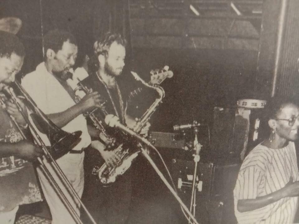 BagakaRadio's tweet photo. Left to right - Jonas Gwangwa, Dennis Mpale, Steve Dyer and Baleka Kgositsile of Shakawe performing in Gaborone, Botswana. Photo: Thabo Moepi.  Source: Mmegi wa Dikgang, 4 May 1985 https://t.co/ukIlKrG9vt