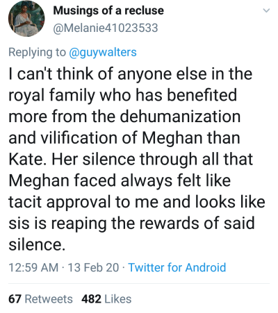 And lets not leave out keens. Who herself, aside from the shade she threw on Commonwealthday also joined in the drag. Her silence when Meghan was being targeted whilst pregnant...& then going on a Mummy podcast, she threw shade at Meghan 4 not doing the "steps" photo op. snake