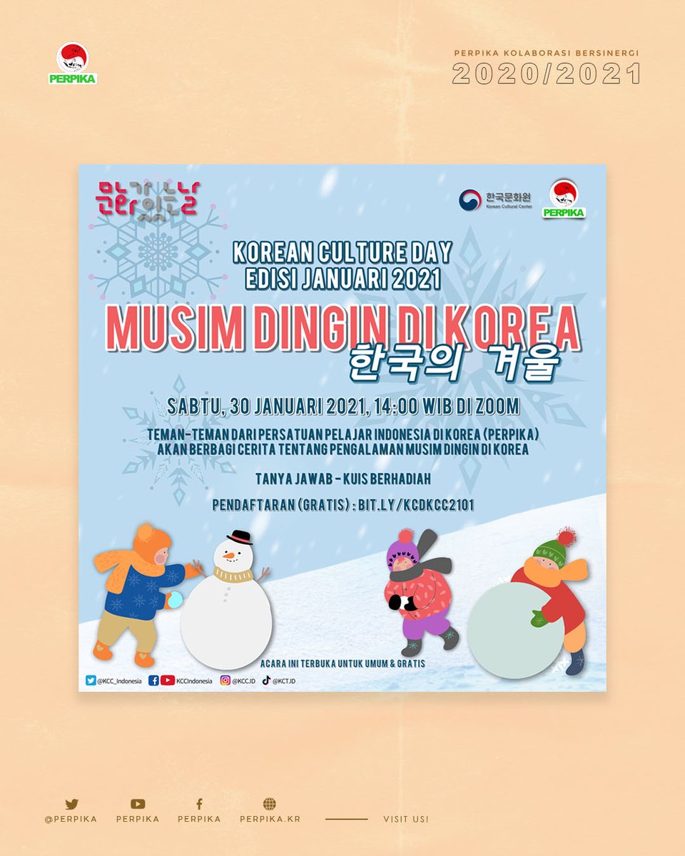 Perpika's tweet image. Halo Sobat Perpika! 안녕하세요!~
Kali ini, PERPIKA 2020/2021 akan hadir di acara Korean Culture Day yang diselenggarakan oleh Korean Cultural Center Indonesia!🥳🎊

Jangan lupa dicatat tanggalnya ya! 
🗓 Sabtu, 30 Januari 2021
⏰ 14:00 WIB/16:00 KST 
🔗 bit.ly/KCDKCC2101