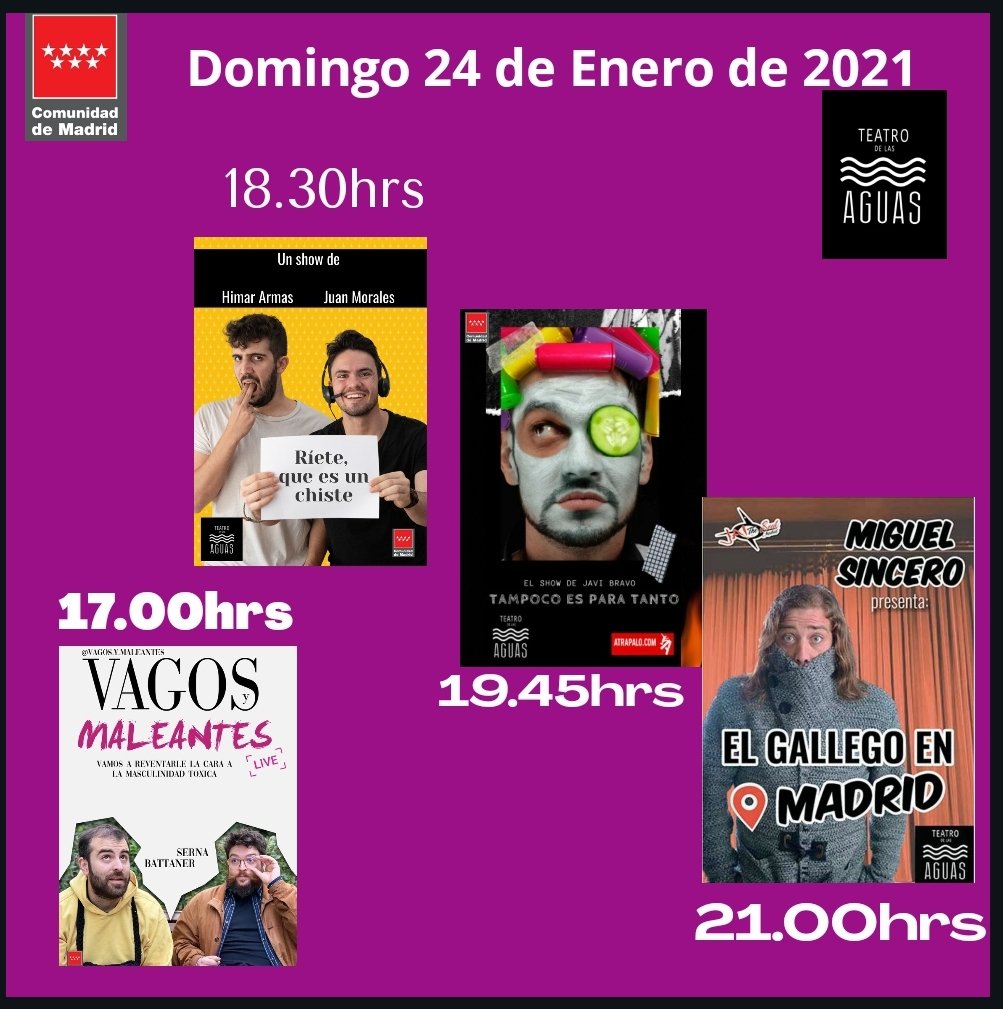 teatrodlasaguas's tweet photo. Hoy en el Teatro de las Aguas Madrid te esperamos a partir de las 17.00hrs 😁
#CulturaSegura #HacemosEventos #comediateatral #risas #finesdesemana #MADRID #teatro #madridoff #barriolalatina #teatromadrid https://t.co/c1Lb219kJJ