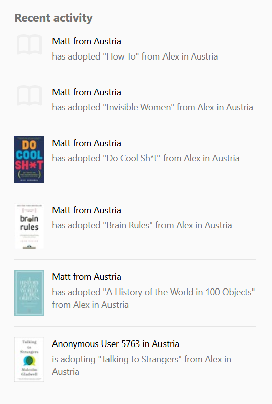 alexduggleby's tweet photo. First week of https://t.co/BUYn0luEmd done and I have five new books for this year and six of mine have a new home. (And added a new recent activity feature...). #books #austria #germany #bookswapping https://t.co/c4VFkqstRW