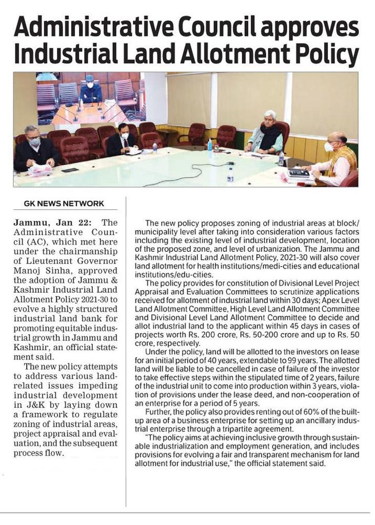 SORABMENGI's tweet photo. AC approves industrial Land Allotment Policy under the chairmanship of LG to evolve a highly structured industrial land bank for promoting industrial growth in J&amp;K. 
@TrekResearch @IrtifLone @helloHGs @jkstartups @JKEDI4U https://t.co/7CKkUkU9BY