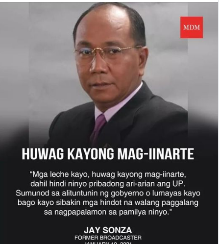 Sarah_Duarte30's tweet photo. SUPALPAL KAYO NGAYON.
"Wag kayong mag-iinarte dahil Hindi niyo pribadong ari-arian Ang UP."
Former broadcaster Jay Sonza scathingly reminds all concerned that the University of the Philippines is “maliit na bahagi lamang ng Pilipinas na pagmamay-ari ng gobyerno. https://t.co/t8e9g2flEP
