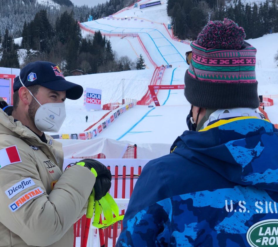usskiteam's tweet photo. Ryan Cochran-Siegle catches up with Dominik Paris 🇮🇹 in the finish. 

Dom: Will you be ok for @cortina2021?
RCS: They're saying 6 weeks to three months. Cortina would be pushing it.
#Hahnenkamm https://t.co/FFXawK1XFy