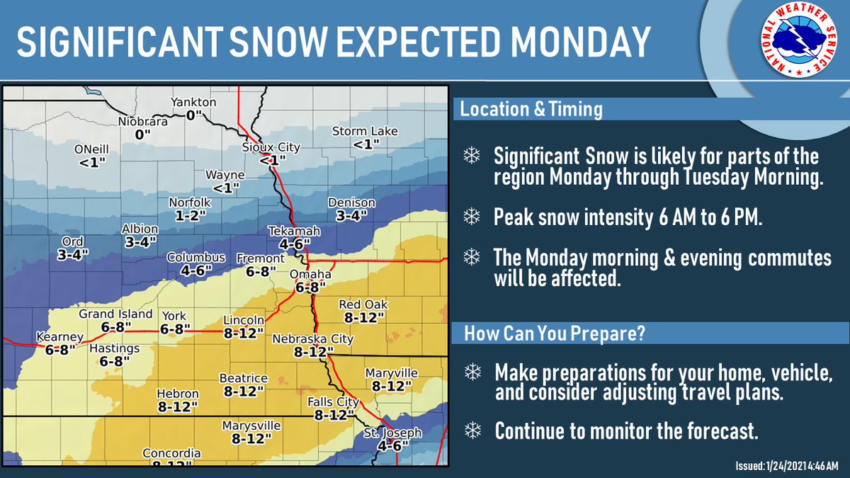 Here is the latest snowfall forecast for the event beginning Monday morning. Southeast Nebraska and southwest Iowa should see the highest snowfall amounts. This snow is expected to be of the wet and heavy variety and will require increased effort to remove. #NEwx #IAwx