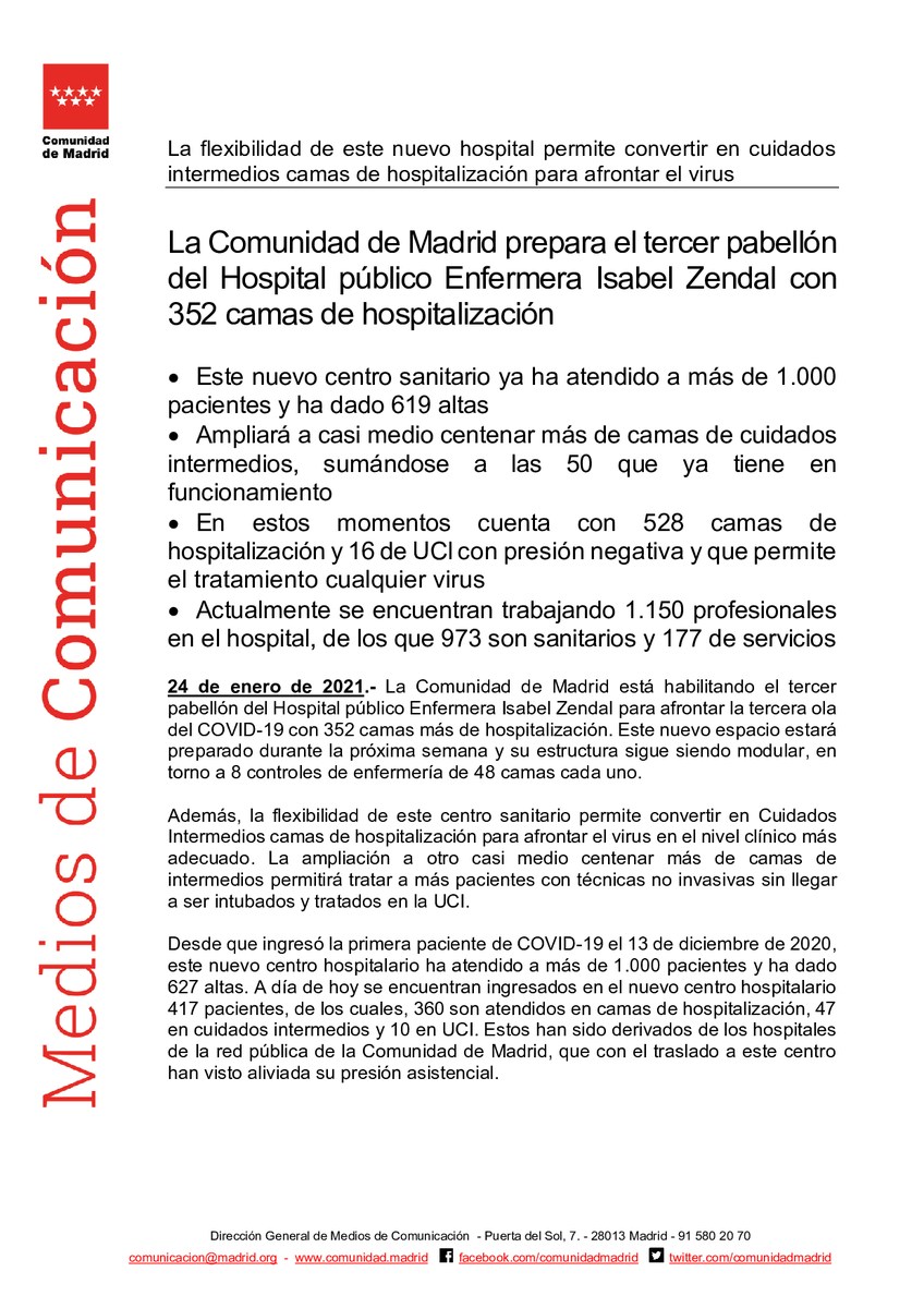 SaludMadrid's tweet photo. La @ComunidadMadrid prepara el tercer pabellón del Hospital público Enfermera Isabel #Zendal con 352 camas de hospitalización

#coronavirusmadrid #siempreconmascarilla #Madrid #Salud https://t.co/5dTchk1eRh