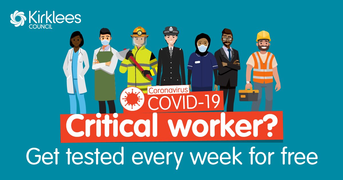During lockdown, we’re keeping our Community Testing Centres open for critical workers who can't work from home.

If you live or work in Kirklees and don’t have symptoms, we’re urging you to get tested once a week. Find your nearest centre ➡️  orlo.uk/dk07U