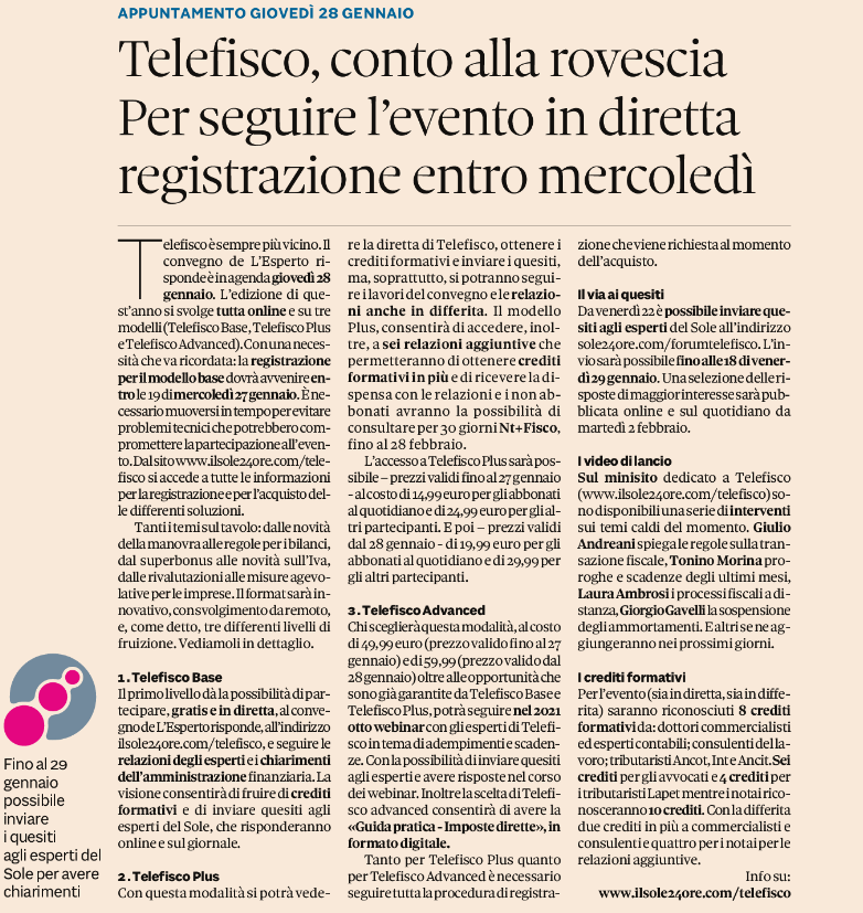 Un plauso a il <a href="/sole24ore/">IlSole24ORE</a> per #Telefisco2021, un bel segnale di pari opportunità per tutti gli operatori professionali del fisco #INTtributaristi #intermediarifiscali #primalepersone #schienaritta ilsole24ore.com/telefisco
