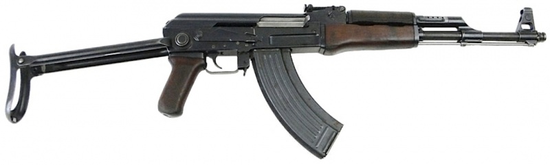 Then you have the AKS variety, with a foldable wire stock. Very popular among the Viet Minh and I believe it was intended for urban/indoor warfare where, sometimes contrary to Hollywood, a stockless alternative can be useful.