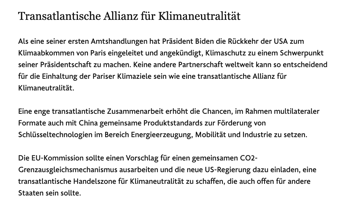 Green co-leaders push "transatlantic alliance for carbon neutrality" & "transatlantic trading zone for carbon neutrality" (based on carbon border adjustment tax), open to others. Clever move to overcome Green party's inherent trade agreement skepticism by linking it to climate.